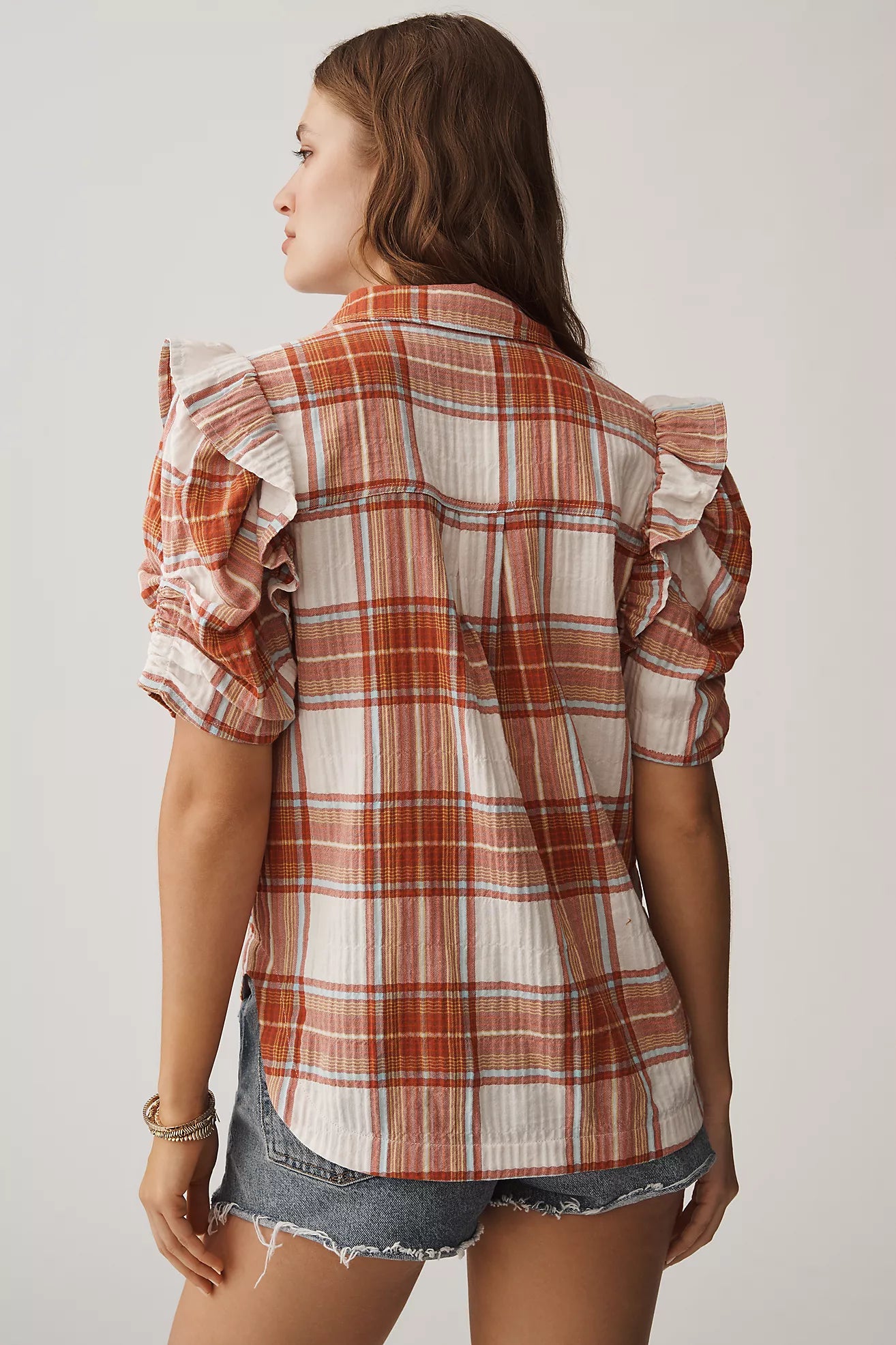 The Ozzi Plaid Ruffle-Sleeve Buttondown Shirt by Pilcro
