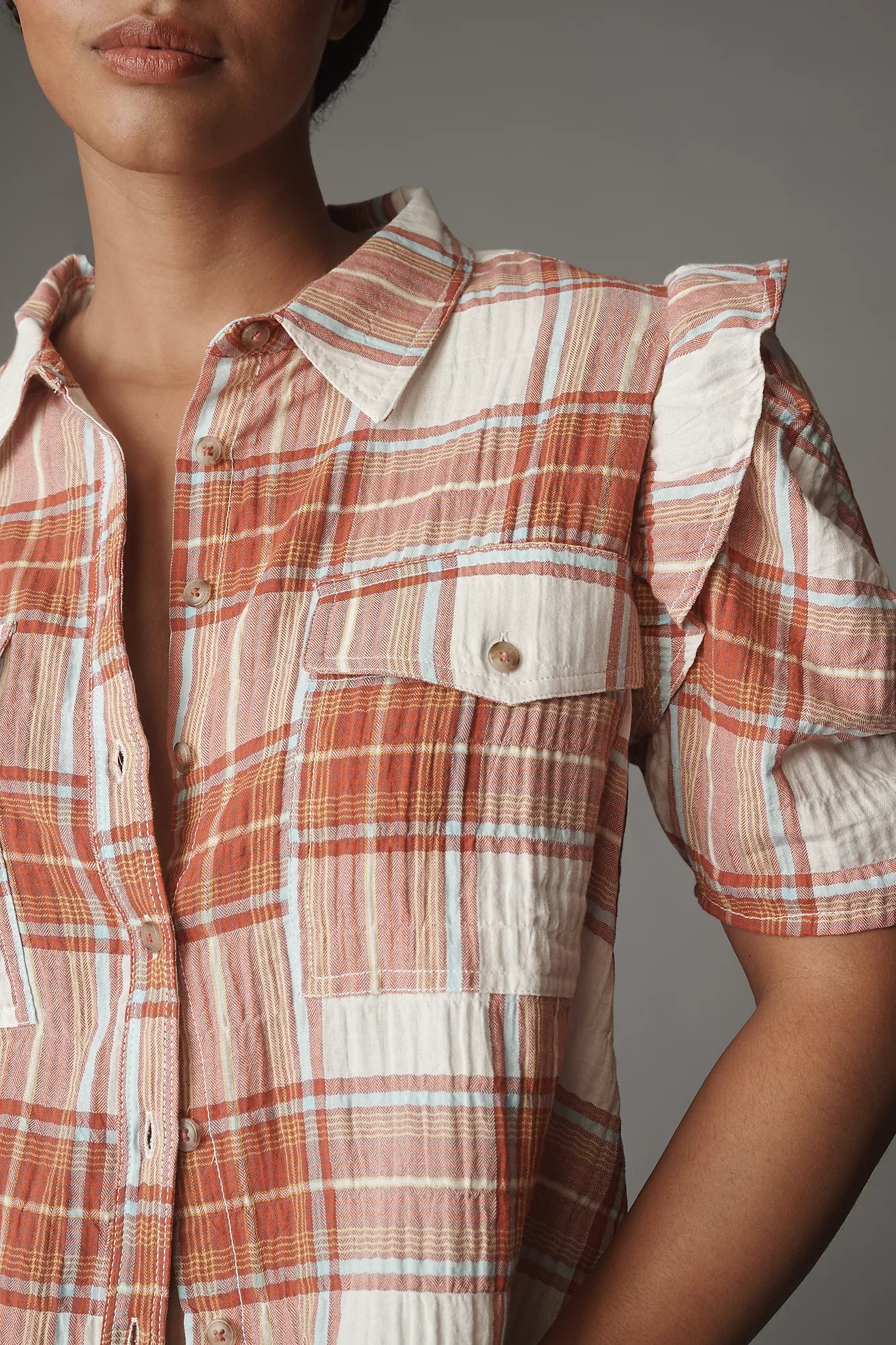 The Ozzi Plaid Ruffle-Sleeve Buttondown Shirt by Pilcro