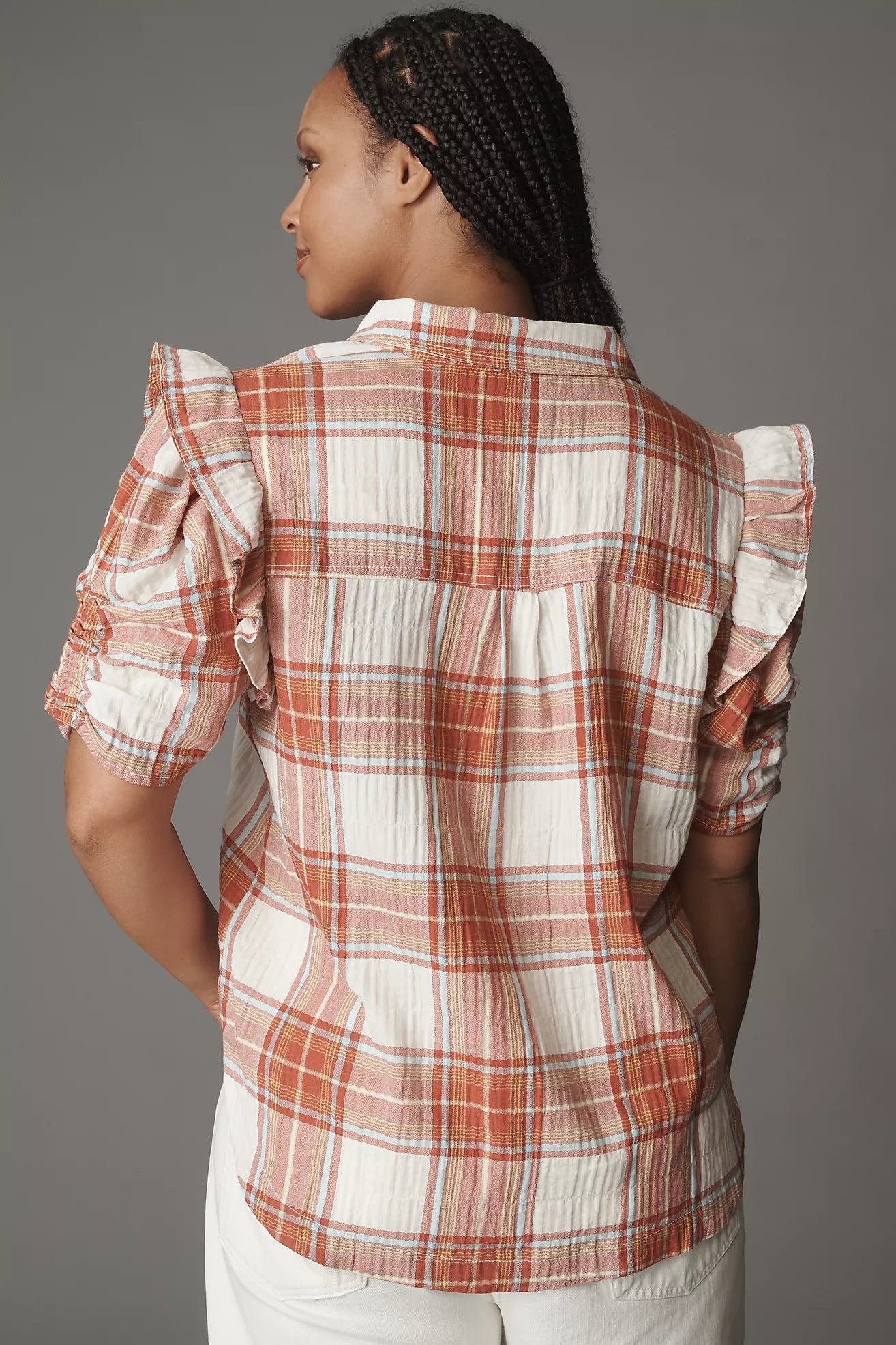 The Ozzi Plaid Ruffle-Sleeve Buttondown Shirt by Pilcro