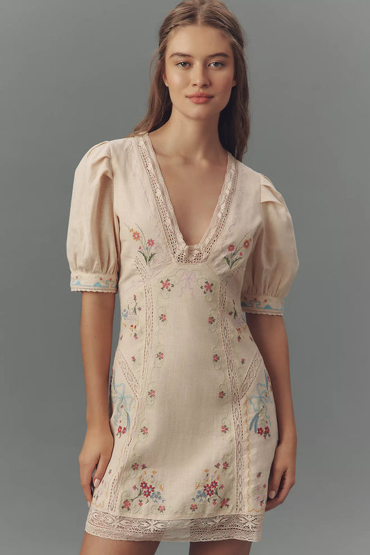 By Anthropologie Linen Blend Puff-Sleeve V-Neck Mini Dress