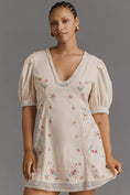 Load image into Gallery viewer, By Anthropologie Linen Blend Puff-Sleeve V-Neck Mini Dress
