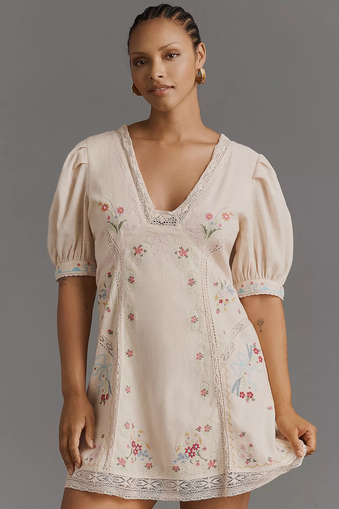 By Anthropologie Linen Blend Puff-Sleeve V-Neck Mini Dress