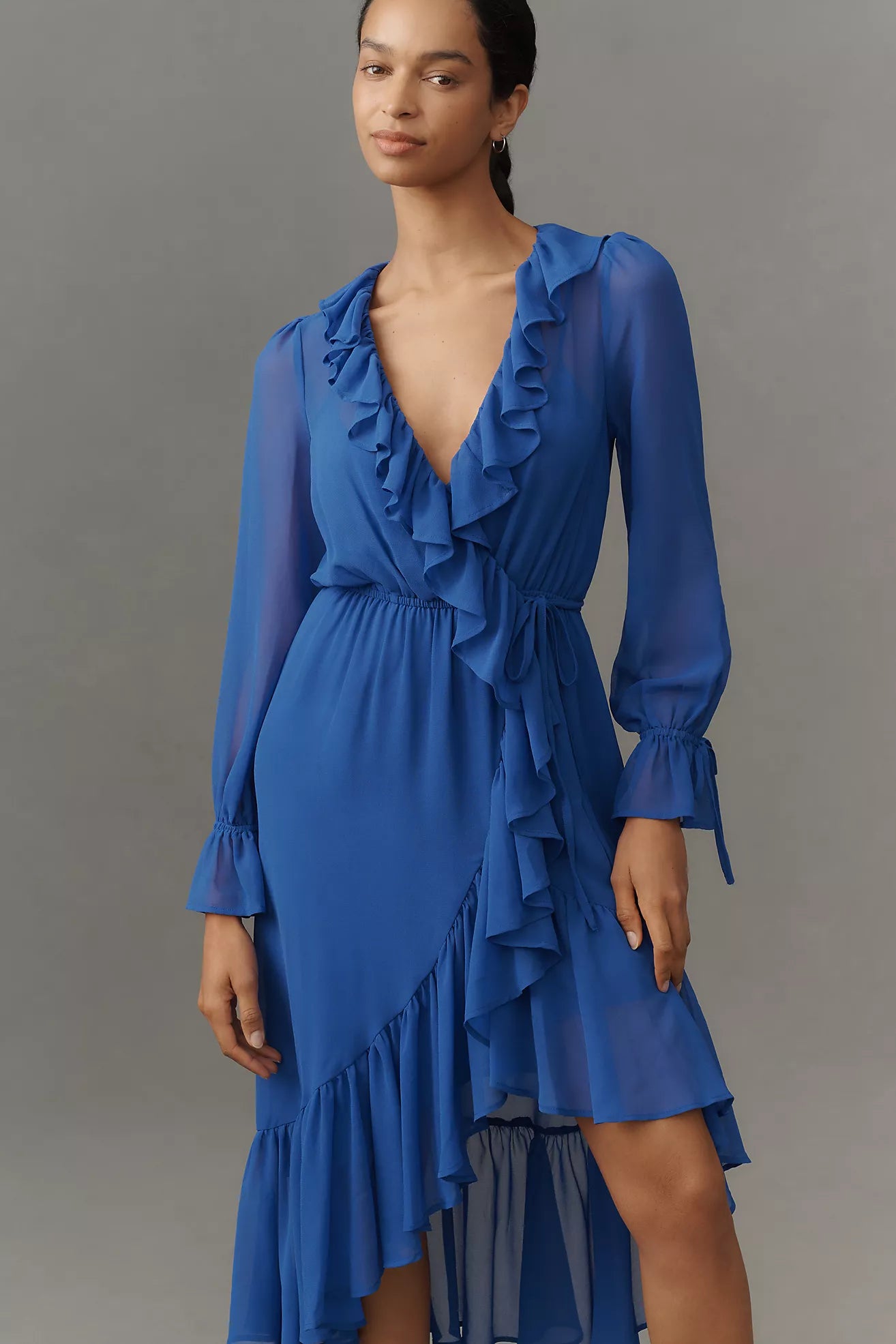Long-Sleeve Ruffled Asymmetric Midi Dress by Anthropologie in Blue, Size: Large
