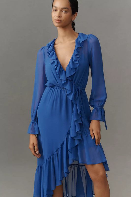 By Anthropologie Long-Sleeve Ruffled Asymmetric Midi Dress