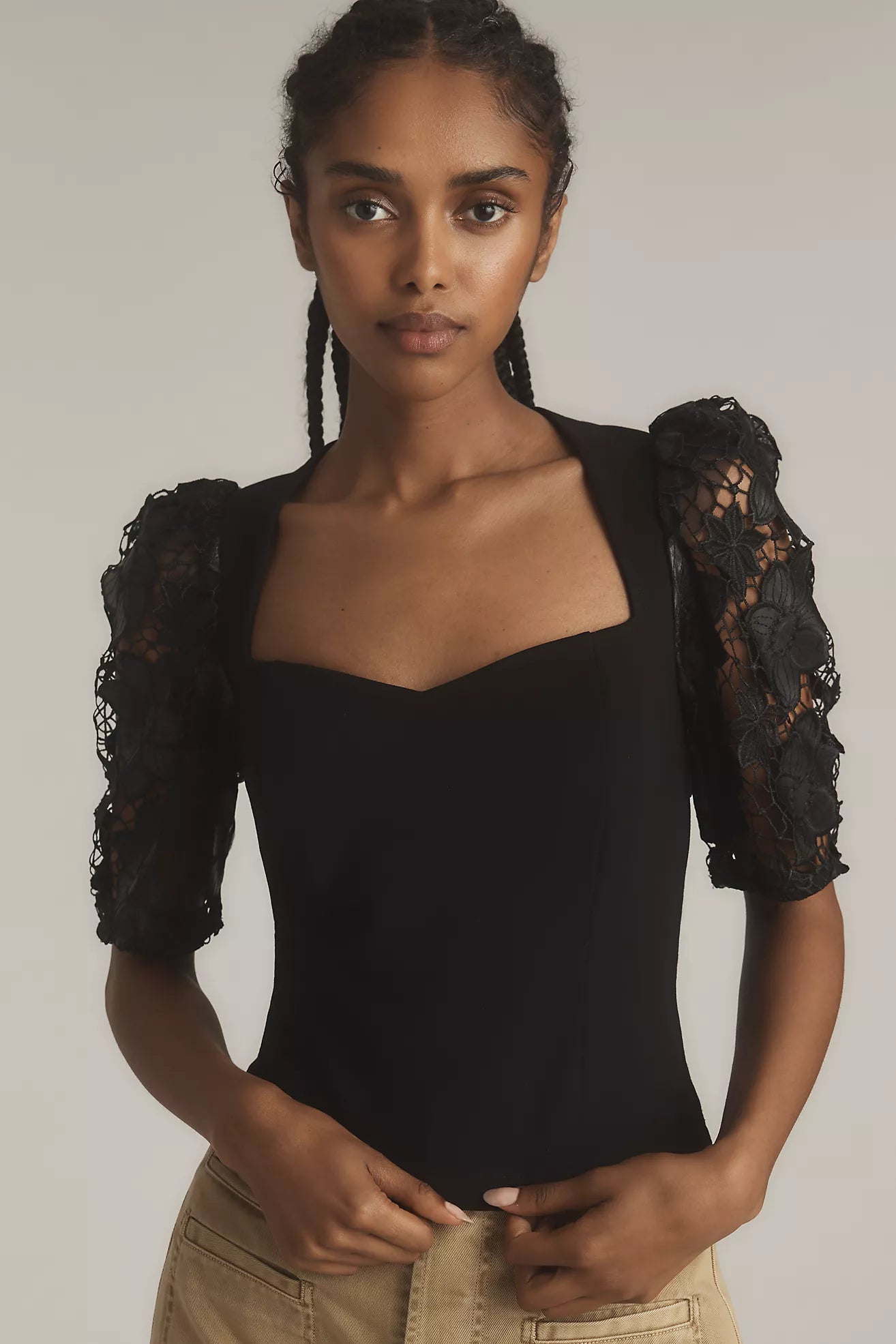 Dolan Left Coast Faux-Leather Cutwork Puff-Sleeve Blouse