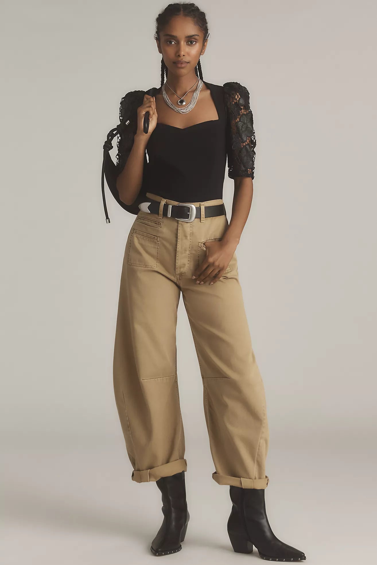Dolan Left Coast Faux-Leather Cutwork Puff-Sleeve Blouse