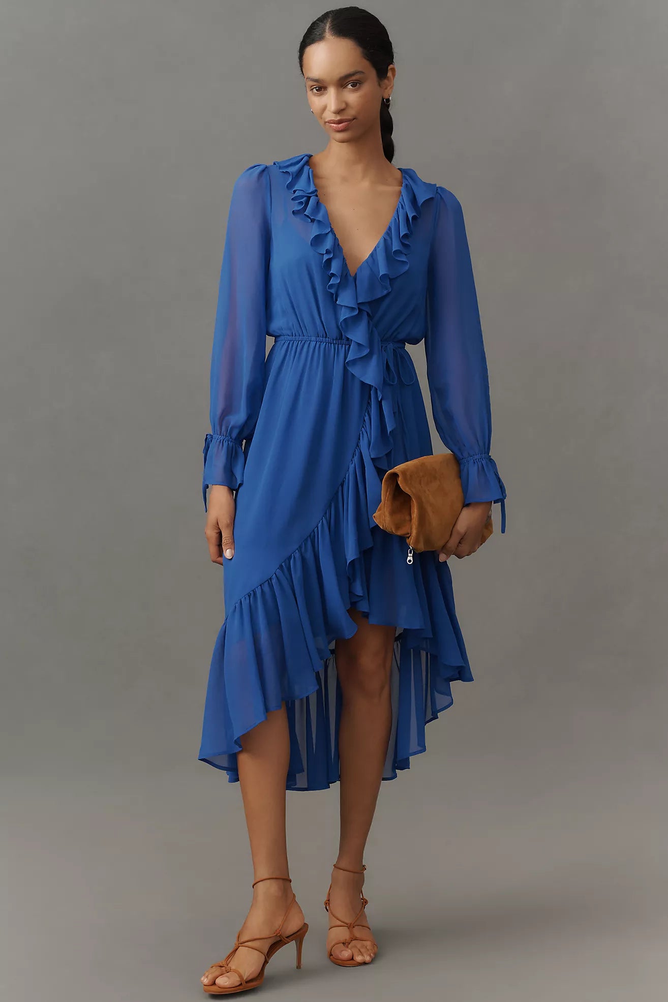 Long-Sleeve Ruffled Asymmetric Midi Dress by Anthropologie in Blue, Size: Large