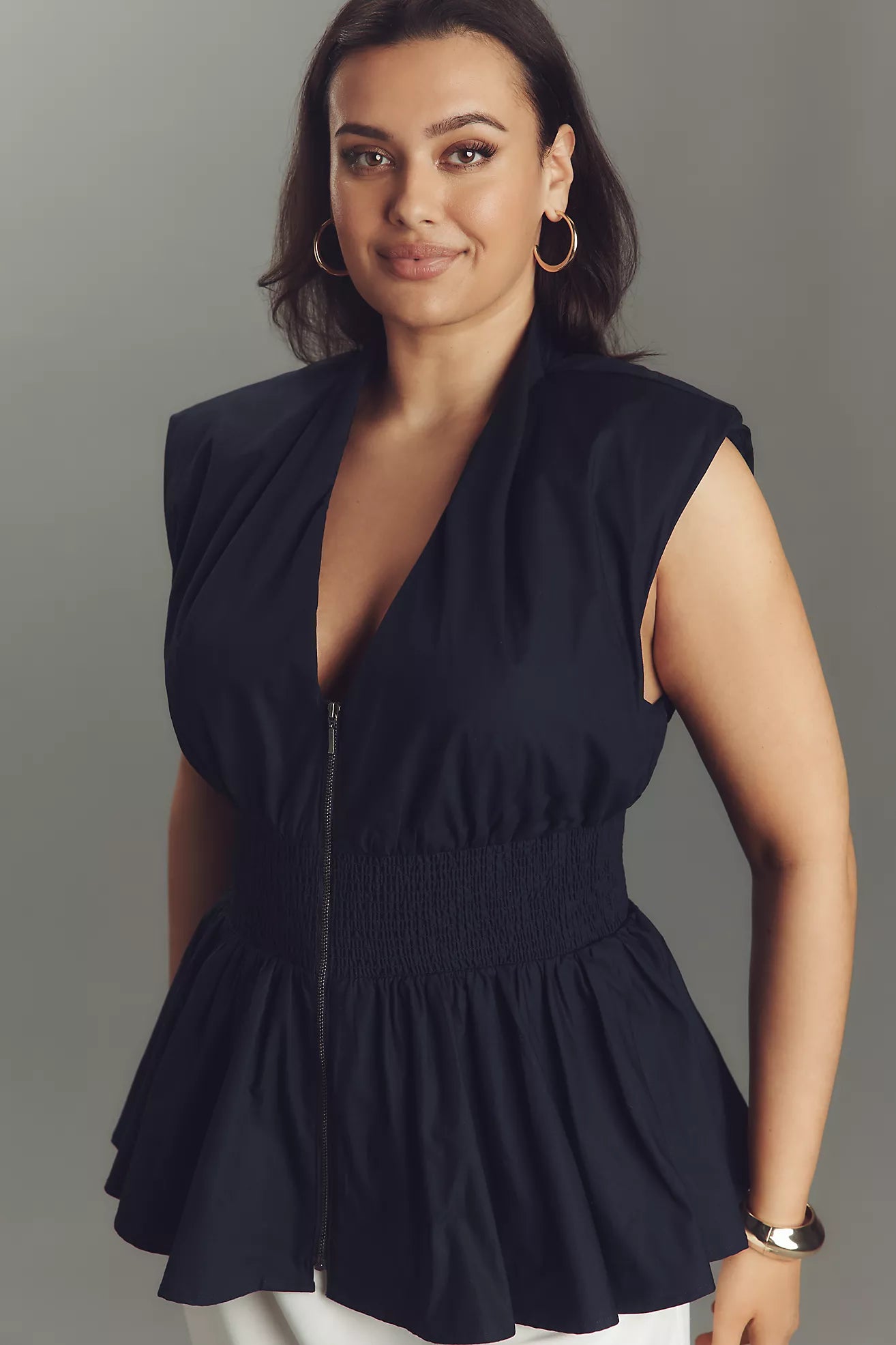 The Tommie Cap-Sleeve Smocked Front-Zip Shirt