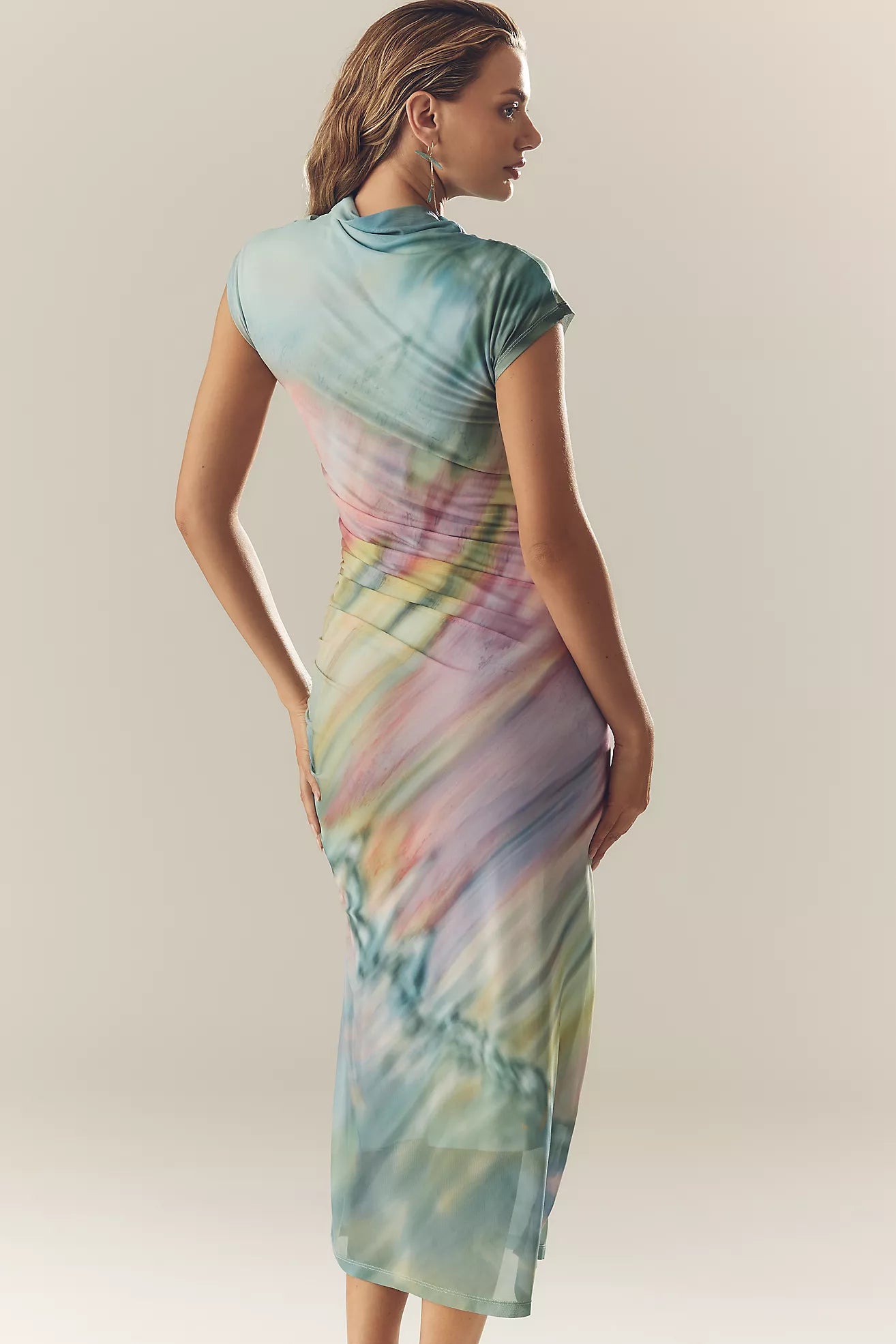 The Maya Ruched Cowl-Neck Mesh Dress