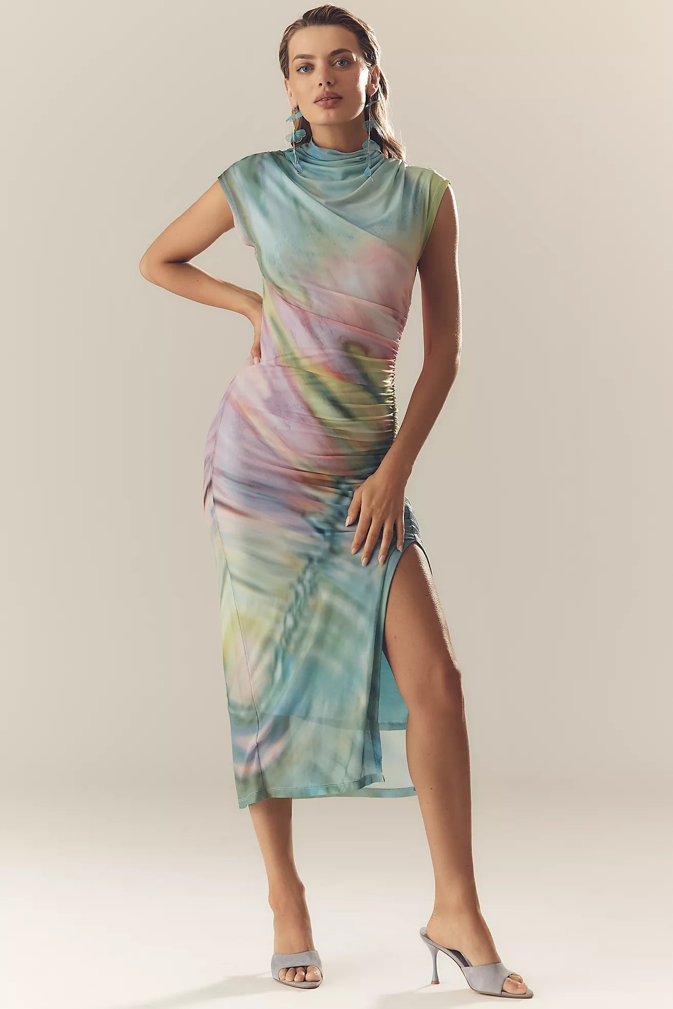 The Maya Ruched Cowl-Neck Mesh Dress