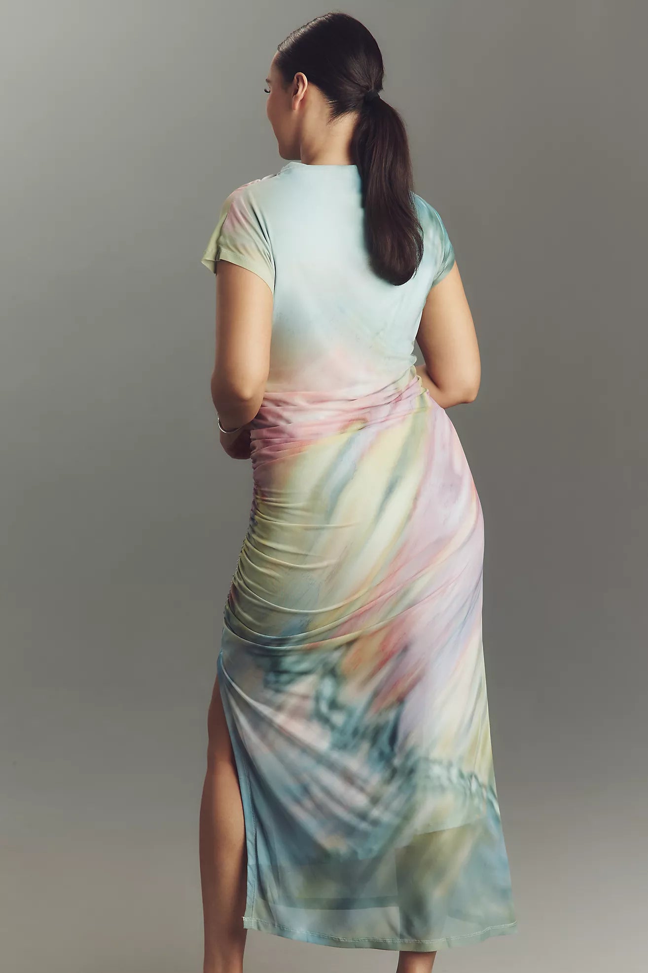 The Maya Ruched Cowl-Neck Mesh Dress