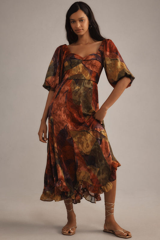 Hutch Printed Twist-Front Puff-Sleeve Ruffle-Hem Dress