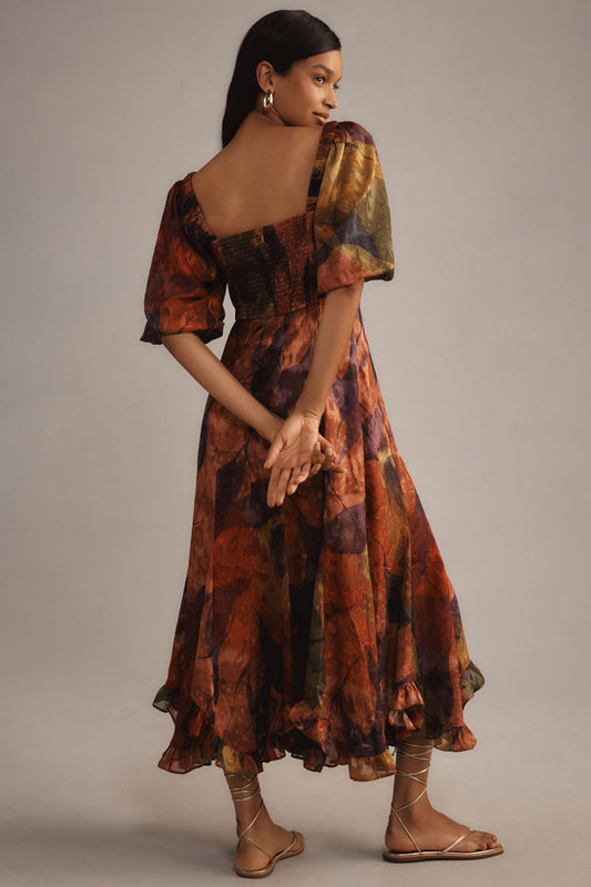 Hutch Printed Twist-Front Puff-Sleeve Ruffle-Hem Dress