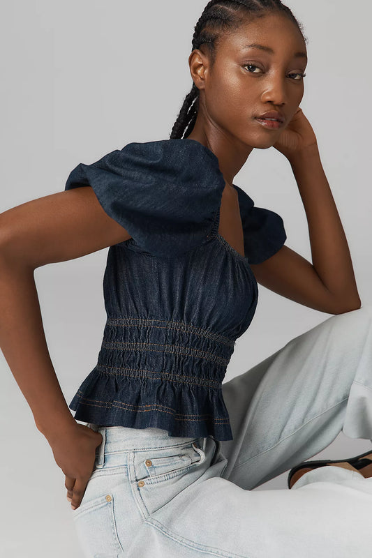 Reformation Aliya Short-Sleeve Ruched Denim Top