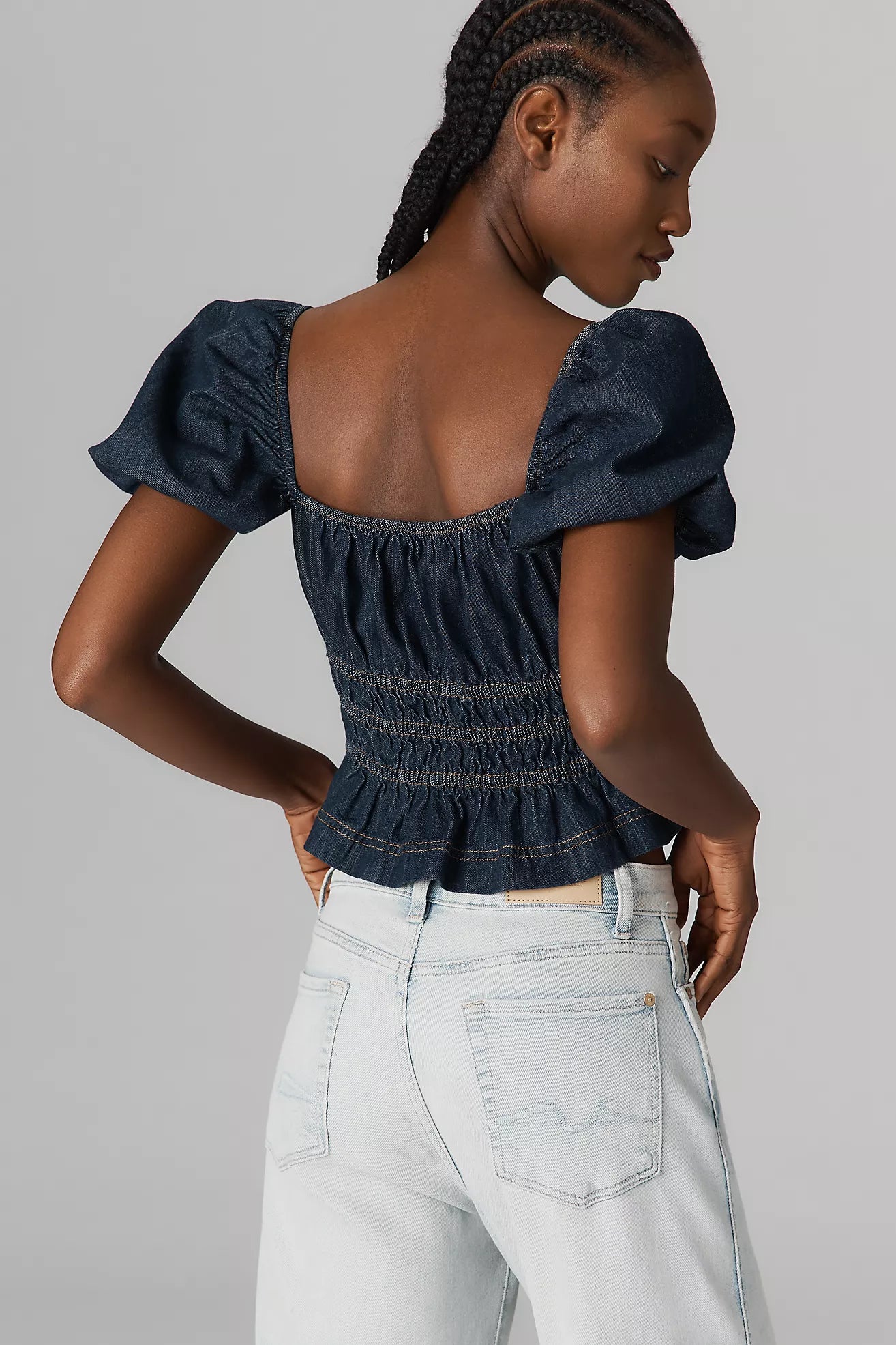 Reformation Aliya Short-Sleeve Ruched Denim Top