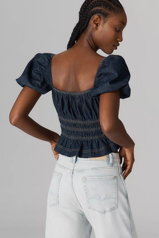 Reformation Aliya Short-Sleeve Ruched Denim Top