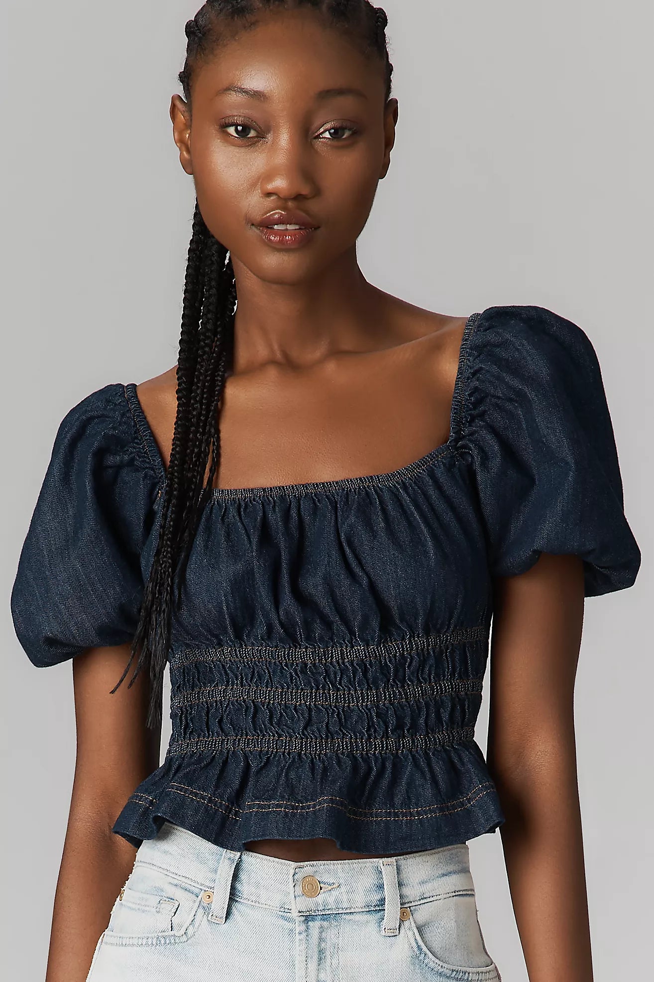 Reformation Aliya Short-Sleeve Ruched Denim Top