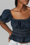 Load image into Gallery viewer, Reformation Aliya Short-Sleeve Ruched Denim Top
