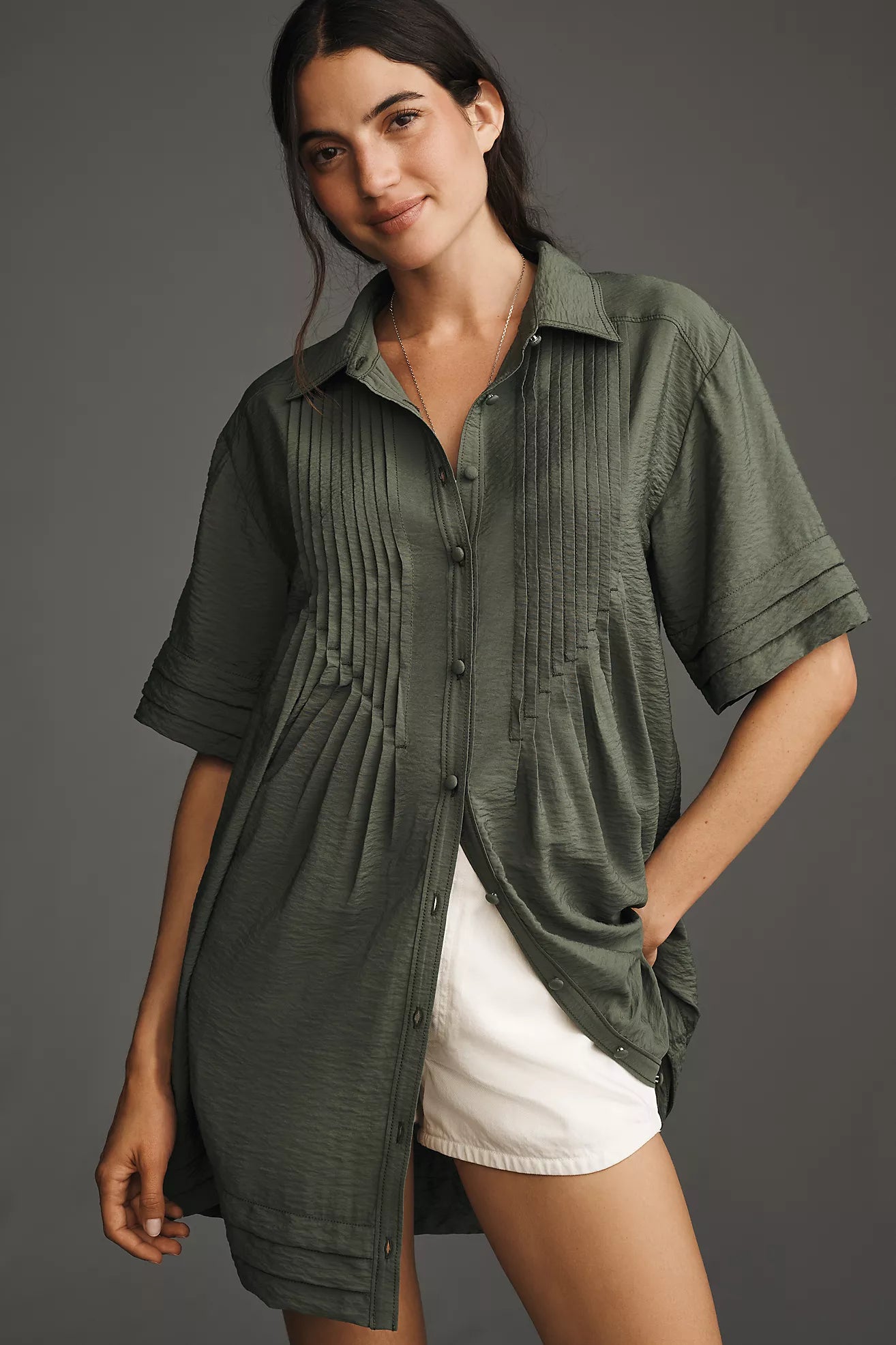Pilcro Short-Sleeve Pintuck Tunic Shirt Dress