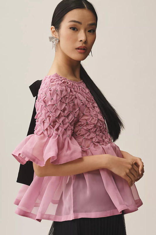 Maeve Short-Sleeve Rhinestone Sheer Babydoll Blouse