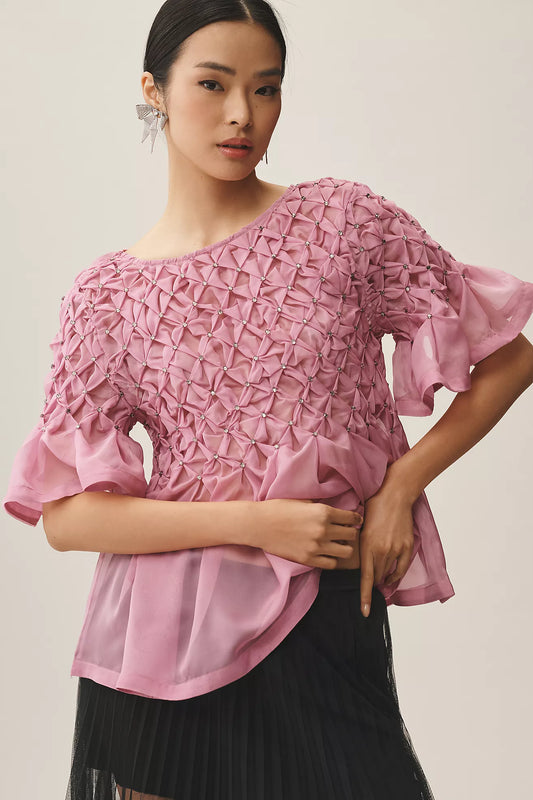 Maeve Short-Sleeve Rhinestone Sheer Babydoll Blouse