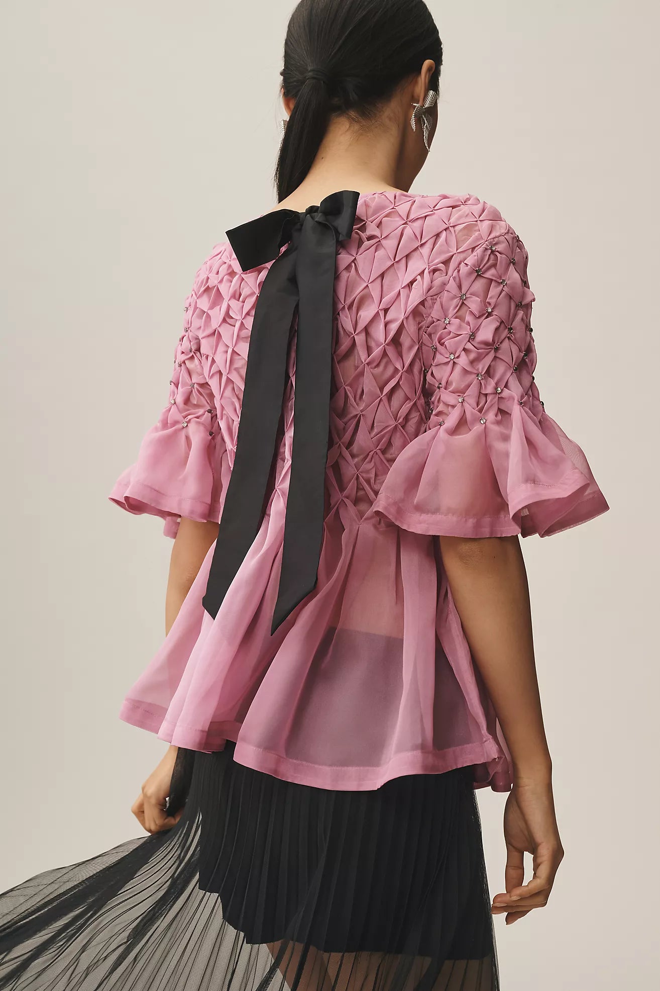 Maeve Short-Sleeve Rhinestone Sheer Babydoll Blouse