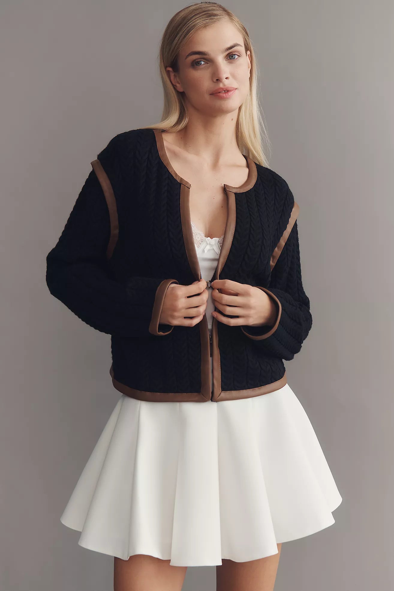 By Anthropologie Faux Leather Trim Cardigan Sweater
