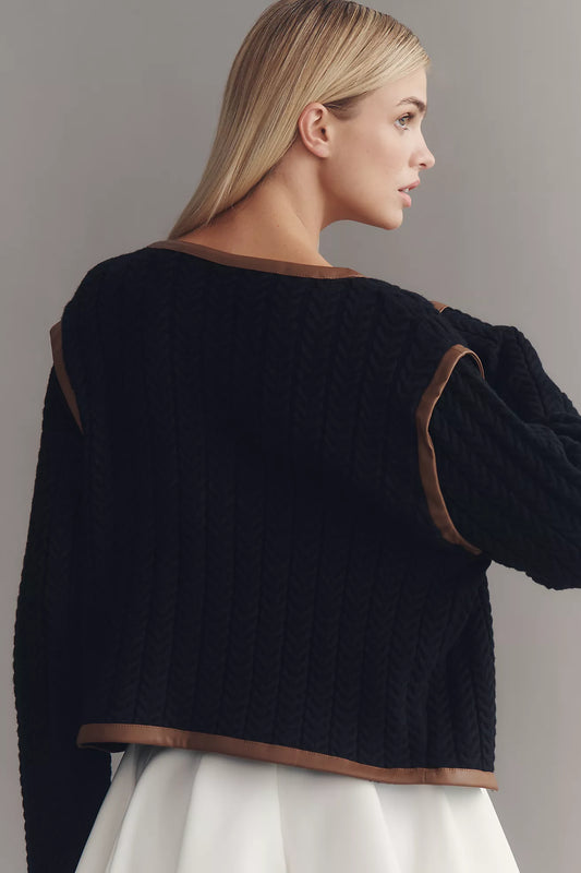 By Anthropologie Faux Leather Trim Cardigan Sweater