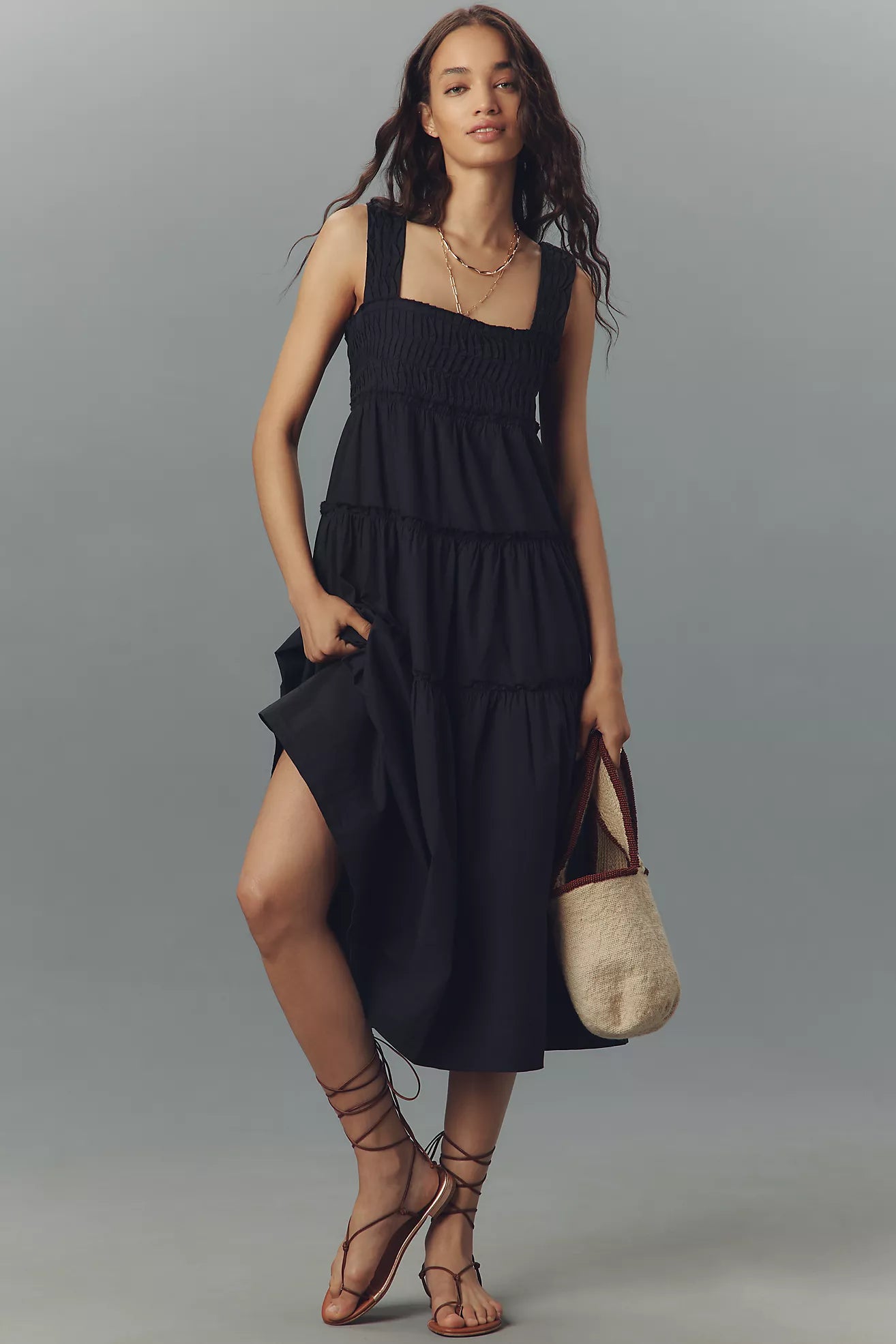 The Helena Square-Neck Smocked Tiered Midi Dress