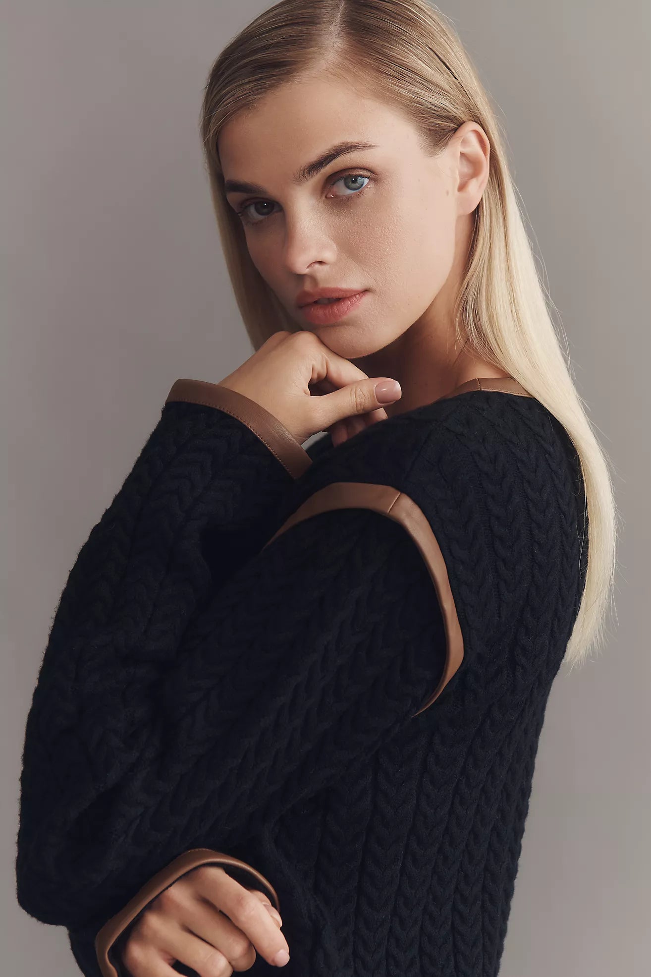 By Anthropologie Faux Leather Trim Cardigan Sweater