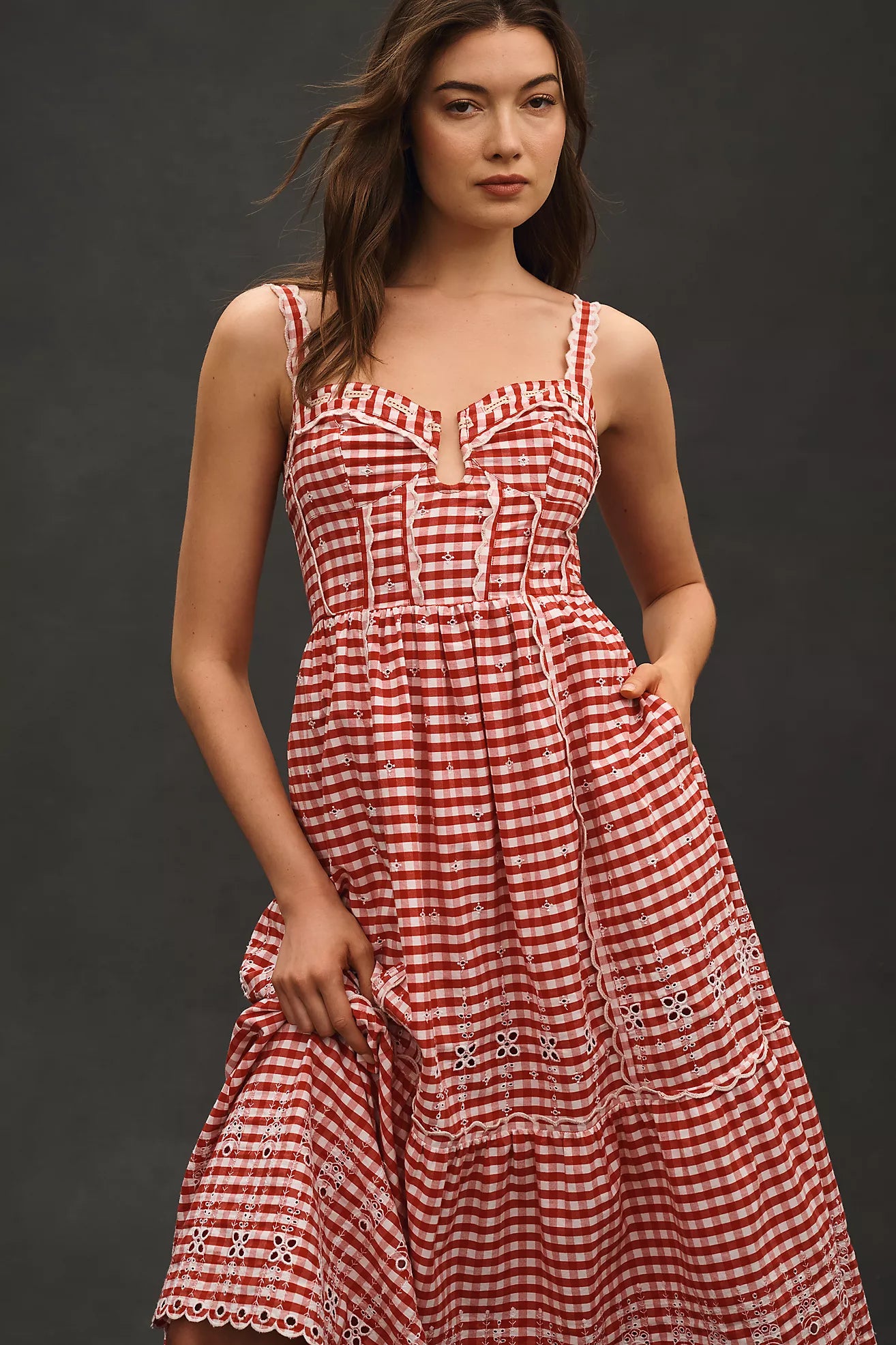 By Anthropologie Sleeveless Sweetheart Gingham Midi Dress