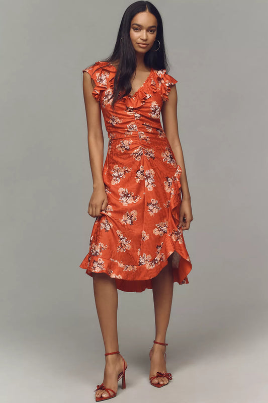 By Anthropologie V-Neck Ruched Midi Dress