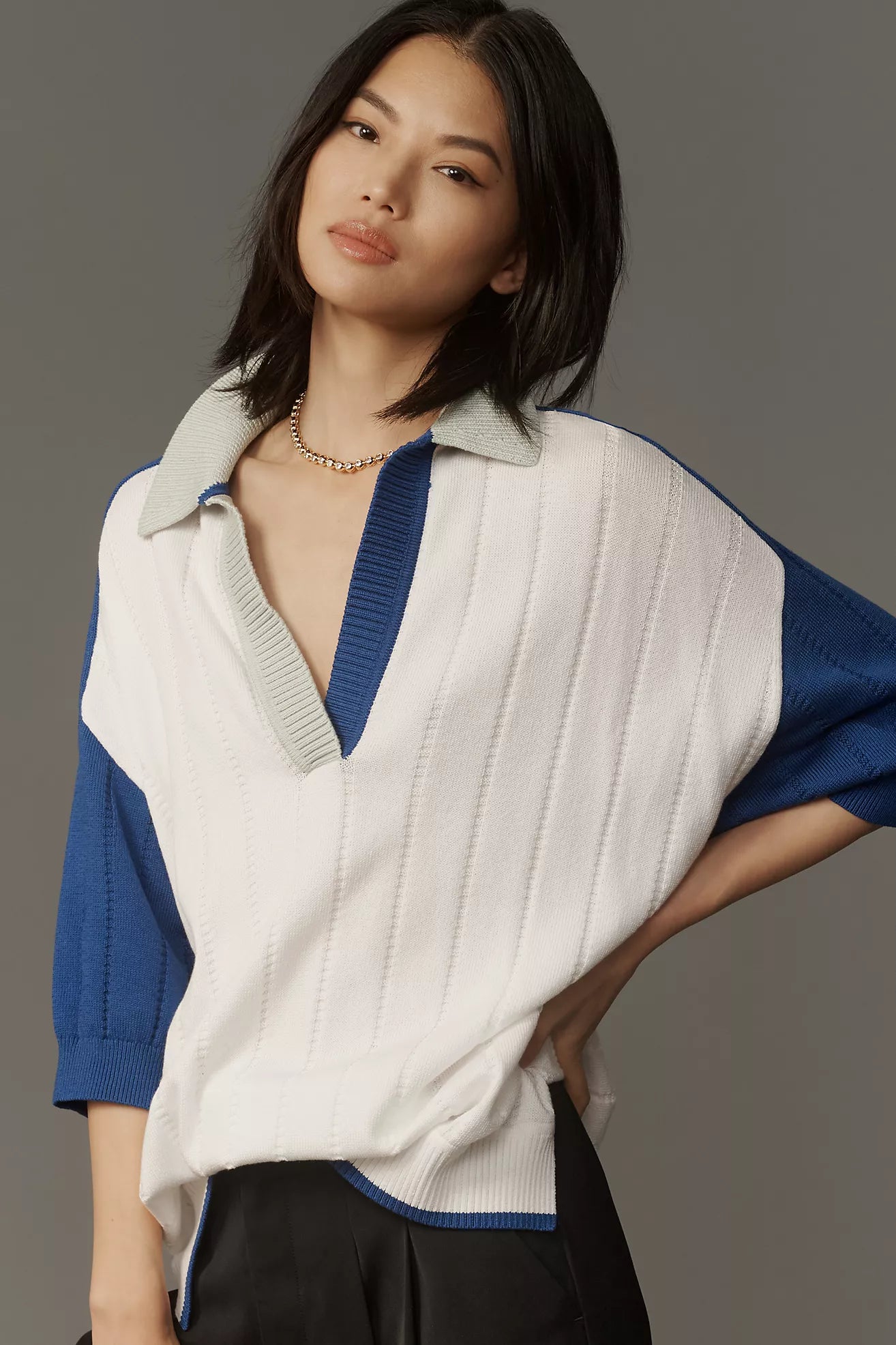 Maeve Collared V-Neck Short-Sleeve Rugby Sweater