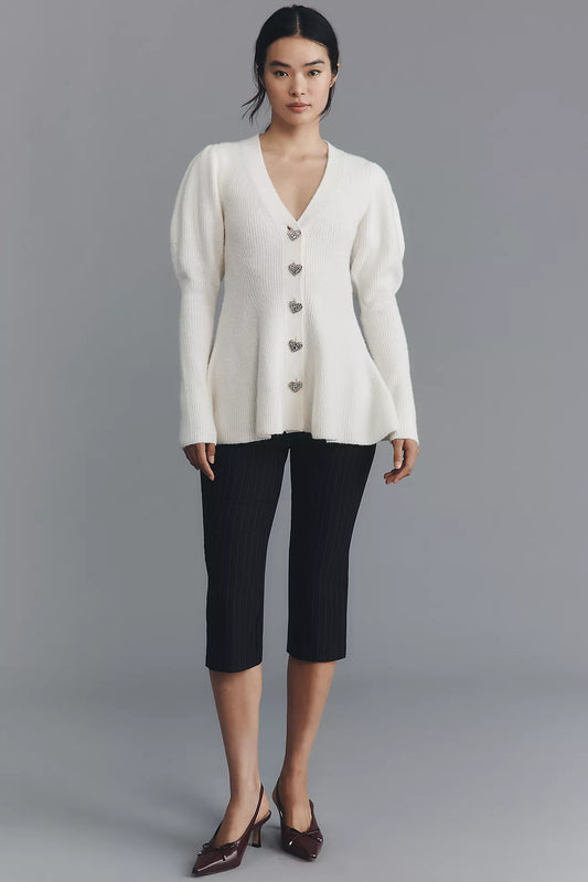 Maeve Puff-Sleeve Heart-Button Cardigan Sweater