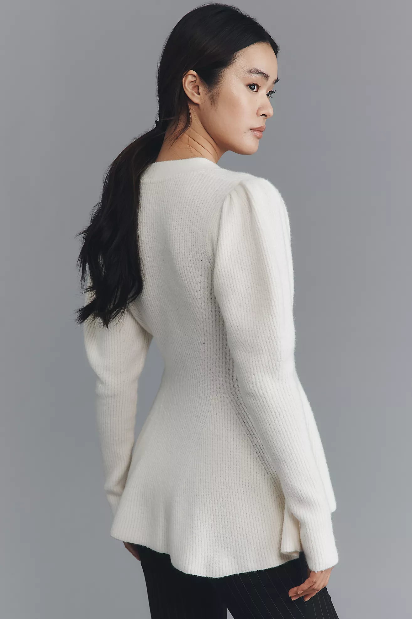 Maeve Puff-Sleeve Heart-Button Cardigan Sweater