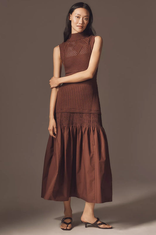 By Anthropologie Sleeveless Mock-Neck Drop-Waist Knit Midi Dress