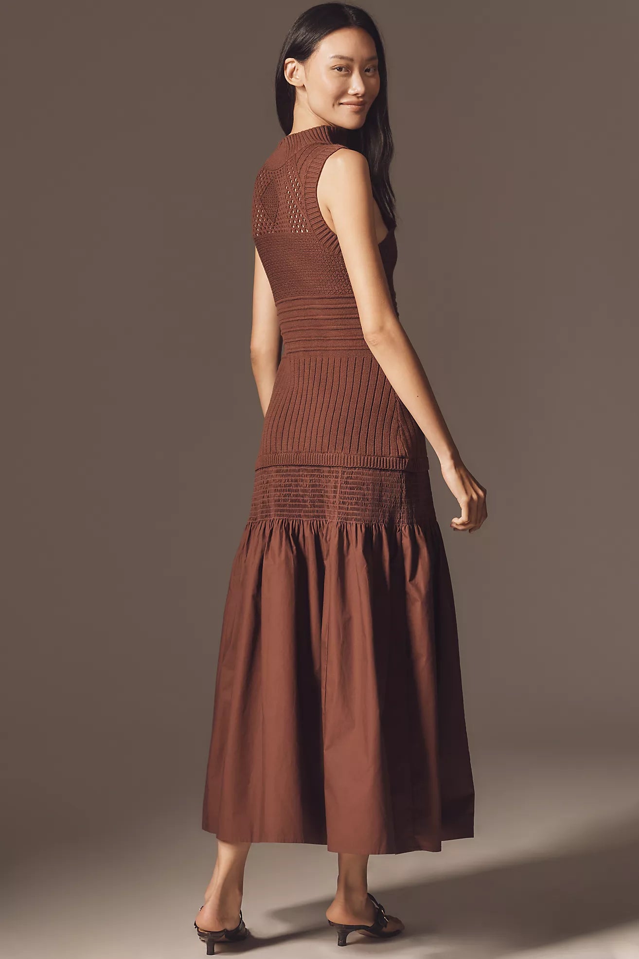 By Anthropologie Sleeveless Mock-Neck Drop-Waist Knit Midi Dress