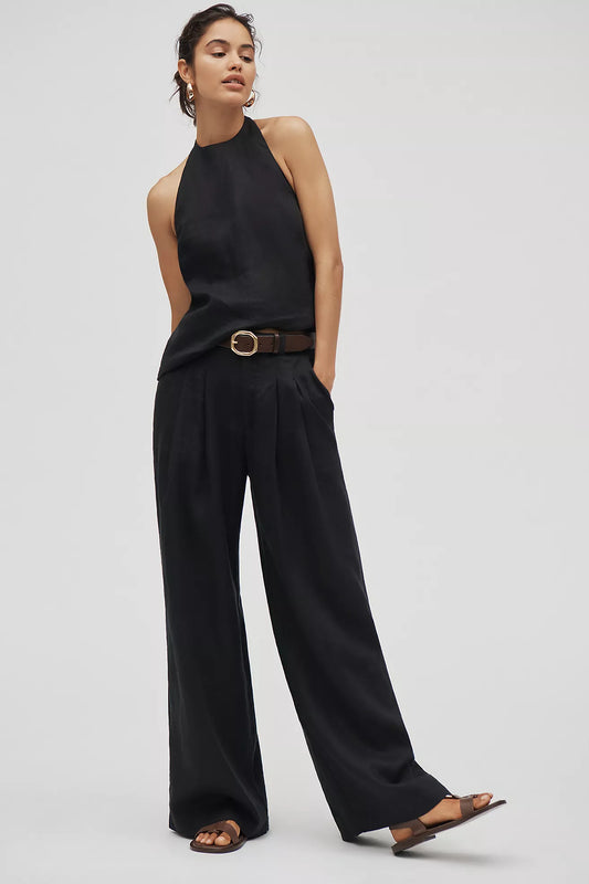 The Avery Linen Pleated Wide-Leg Trousers by Maeve