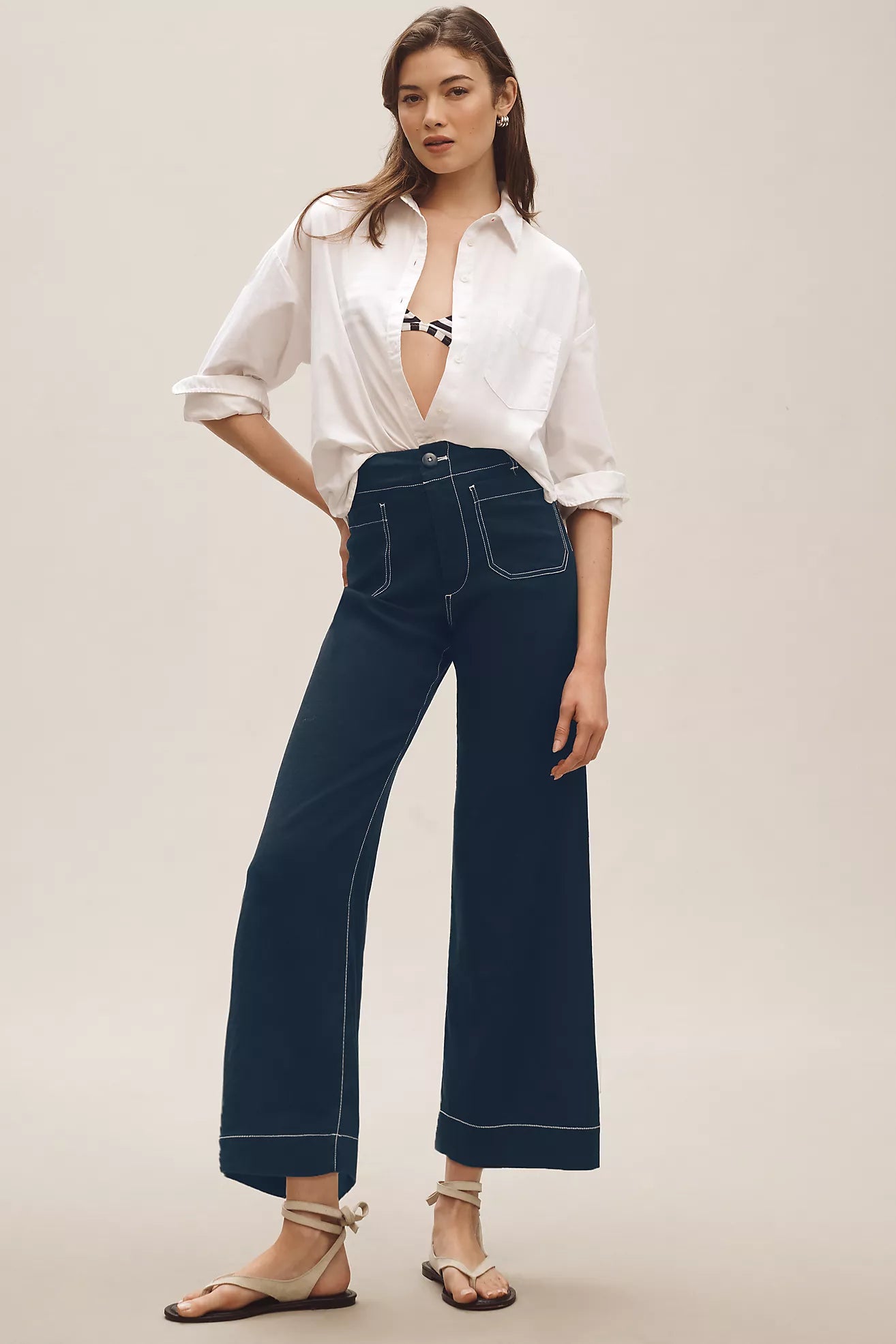 The Colette Contrast-Stitch Linen Crop Wide-Leg Pants by Maeve
