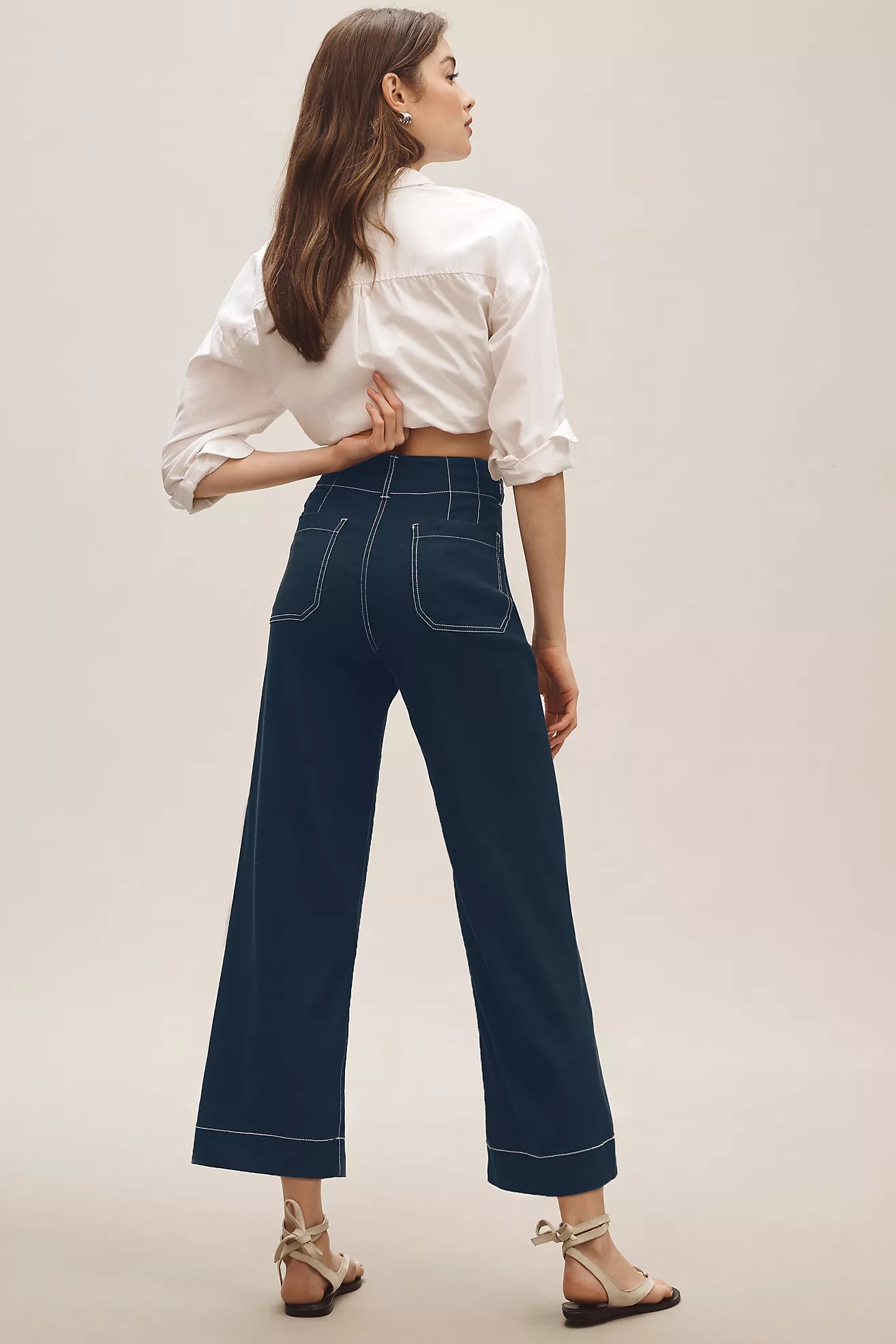 The Colette Contrast-Stitch Linen Crop Wide-Leg Pants by Maeve