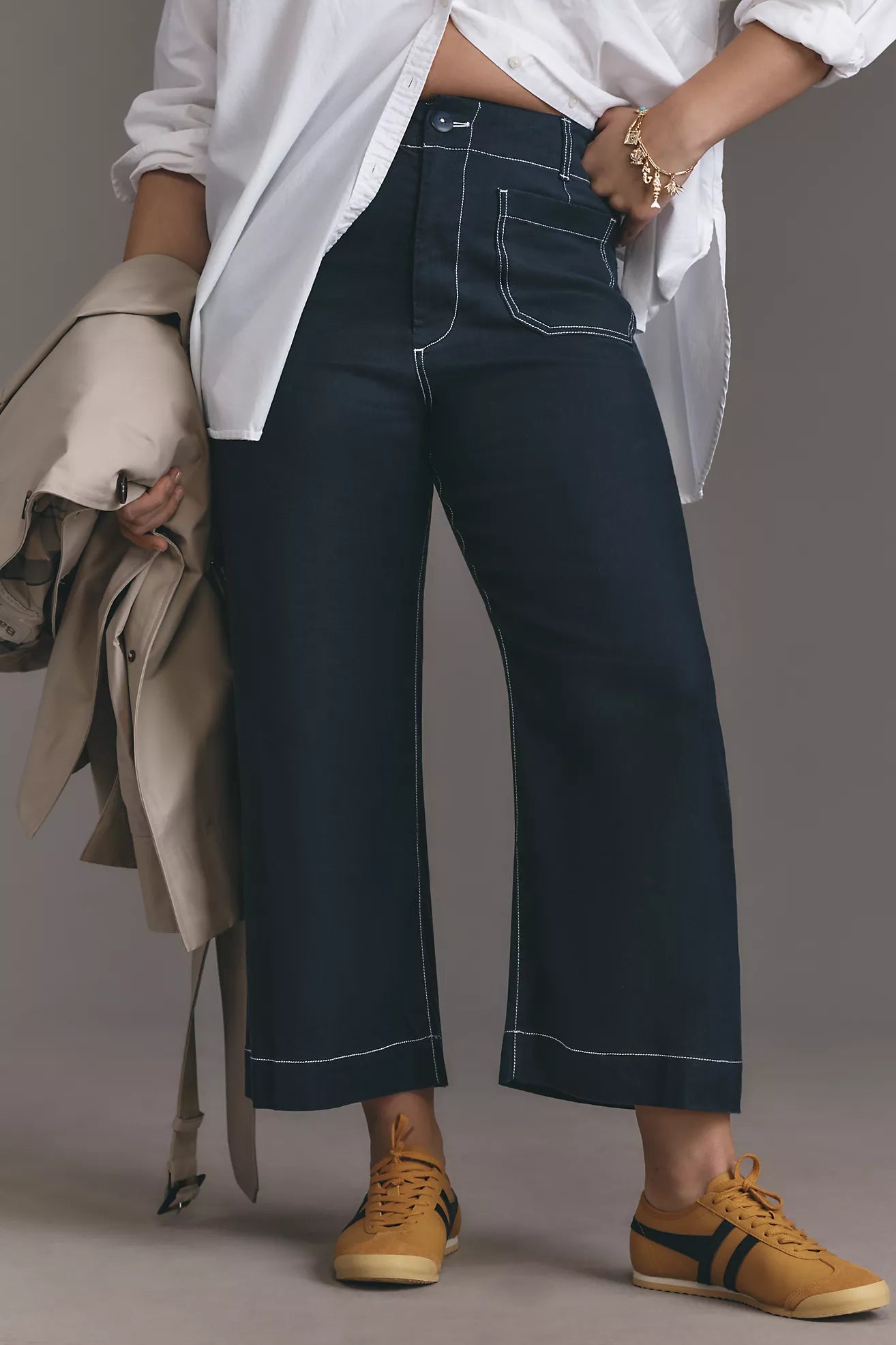 The Colette Contrast-Stitch Linen Crop Wide-Leg Pants by Maeve