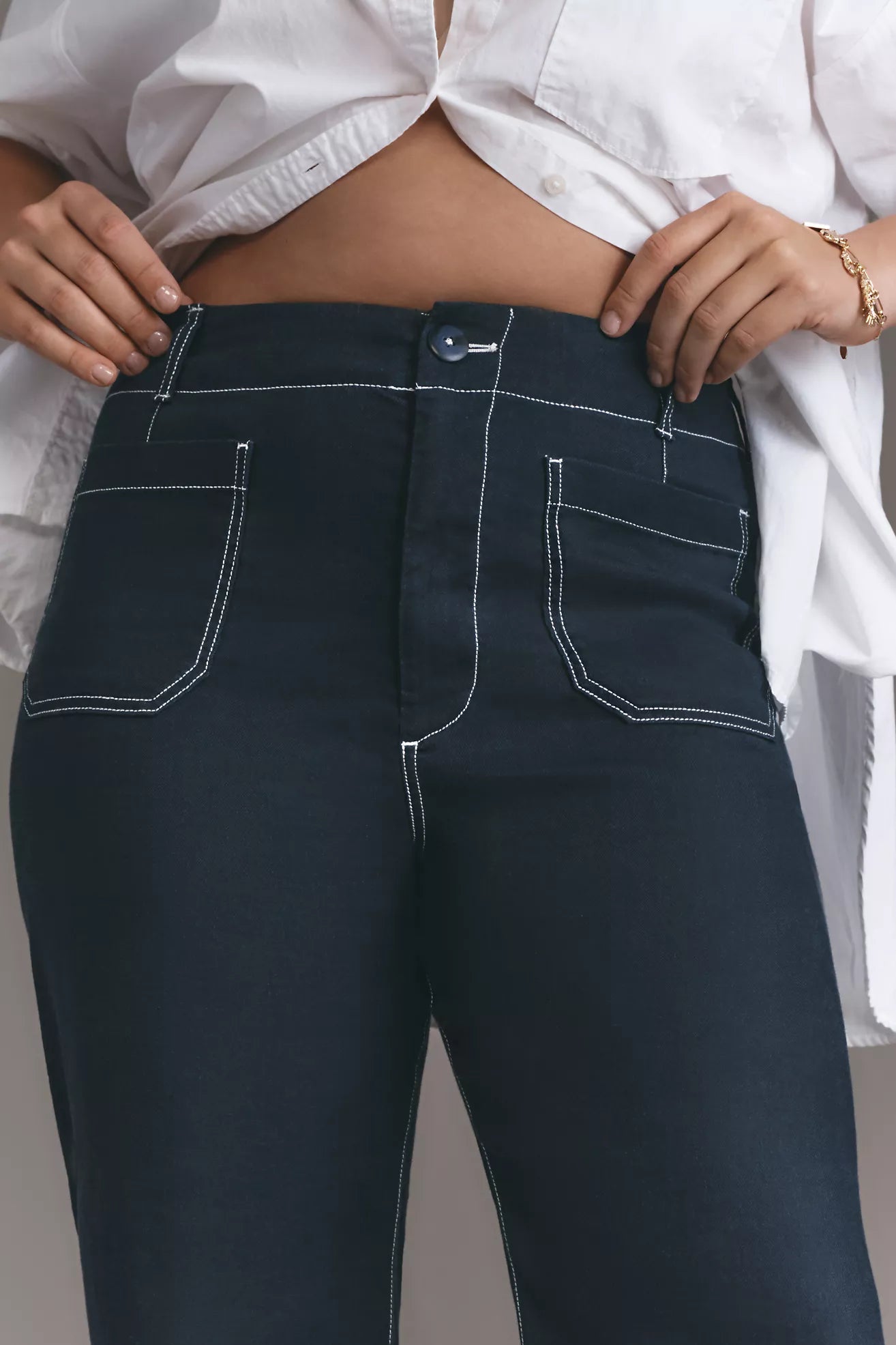 The Colette Contrast-Stitch Linen Crop Wide-Leg Pants by Maeve