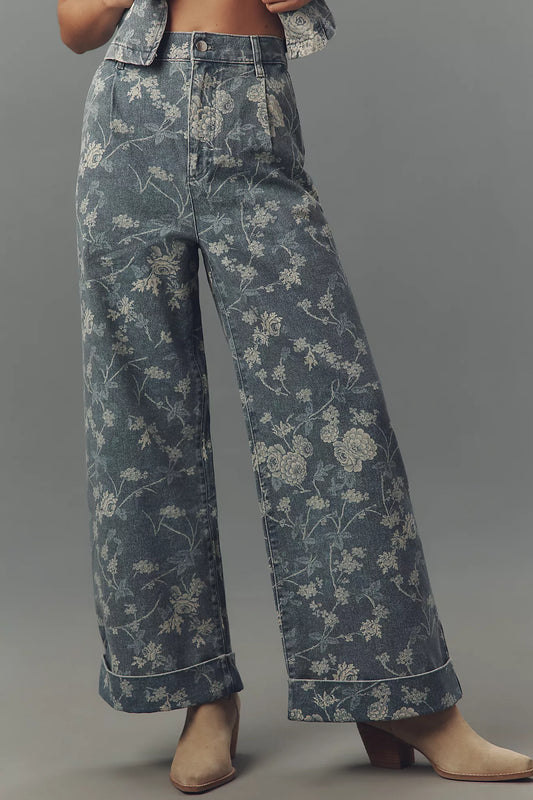 The Leon Double Hem High-Rise Barrel Jeans by Pilcro: Floral Edition