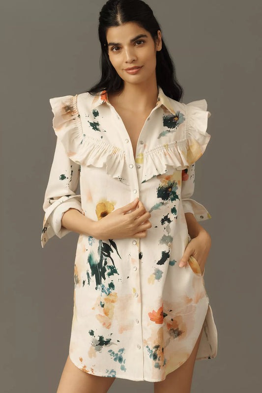 Pilcro Long-Sleeve Ruffled Denim Mini Shirt Dress