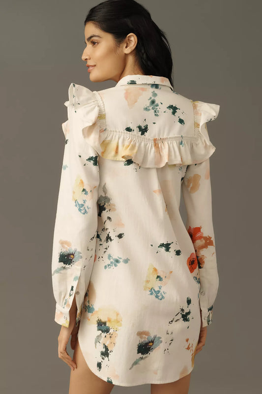 Pilcro Long-Sleeve Ruffled Denim Mini Shirt Dress