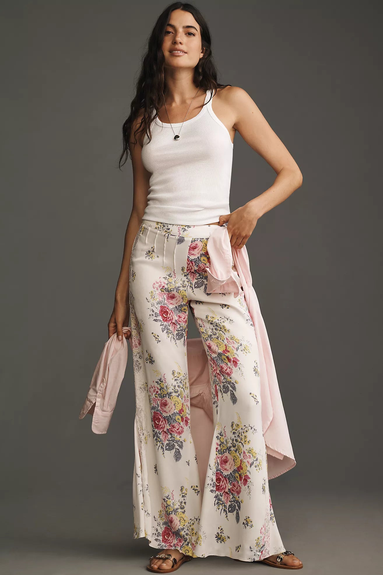 By Anthropologie Floral Lace Silky Flare Pants