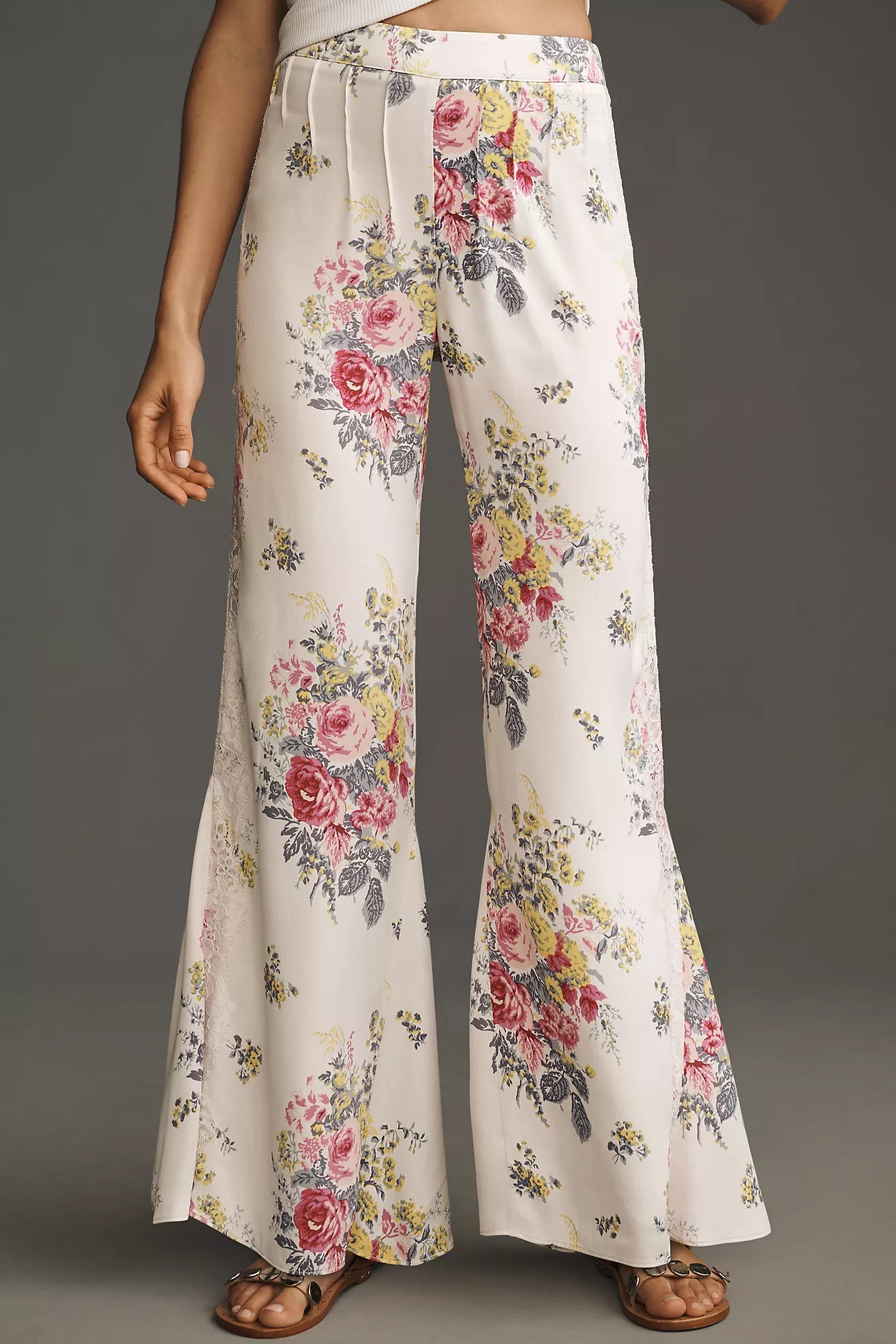 By Anthropologie Floral Lace Silky Flare Pants