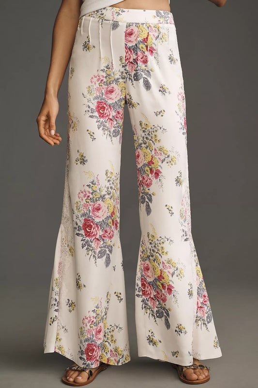 By Anthropologie Floral Lace Silky Flare Pants