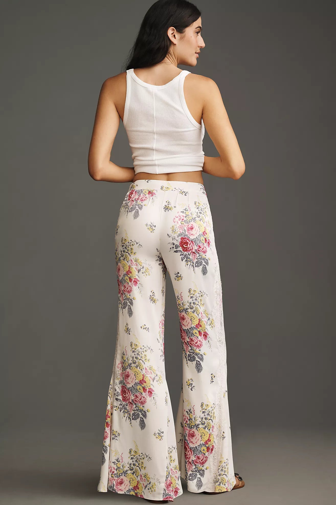 By Anthropologie Floral Lace Silky Flare Pants