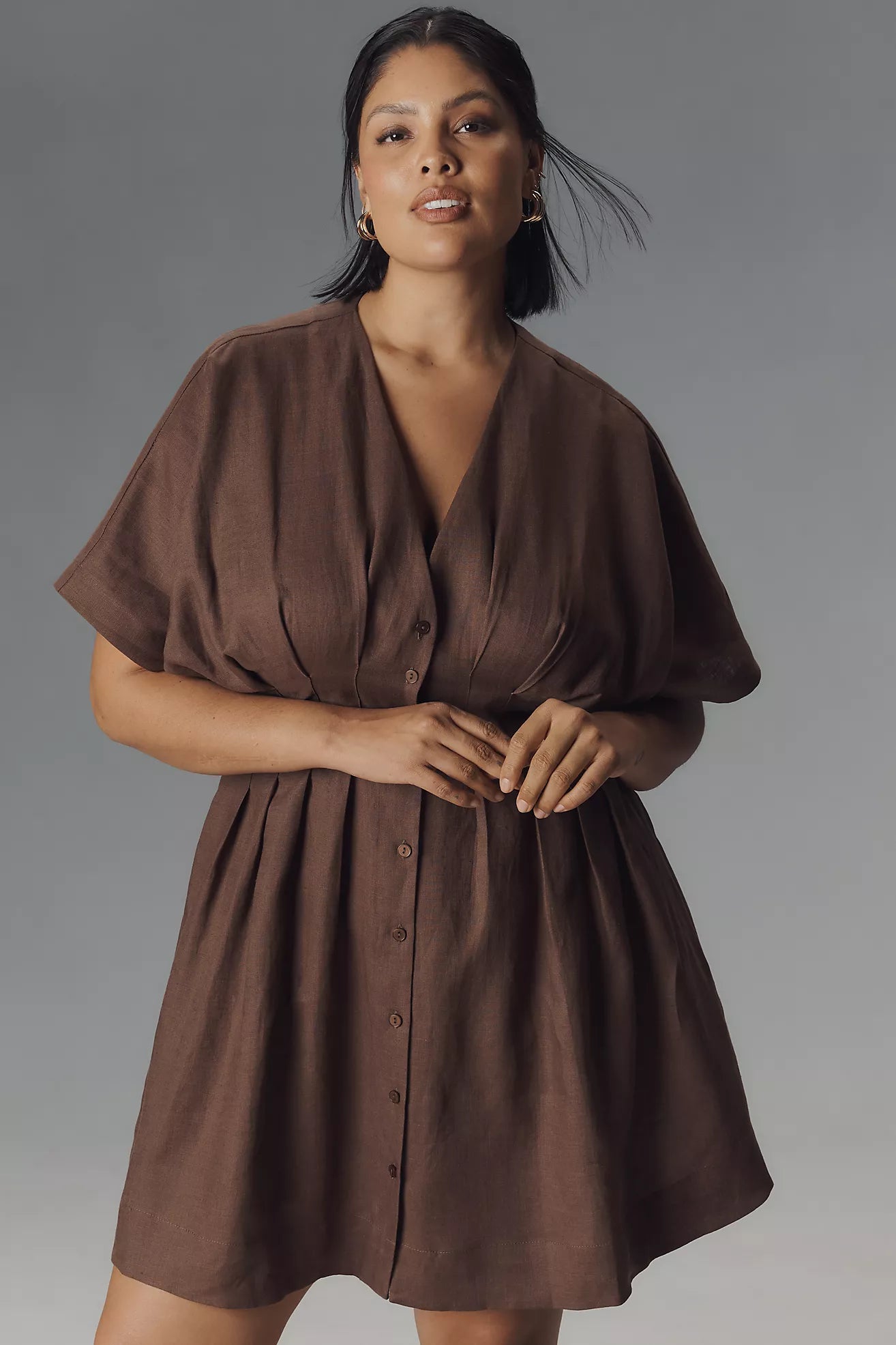 The Tobie Button-Front Pleated Shirt Dress by Exquise: Linen Mini Edition
